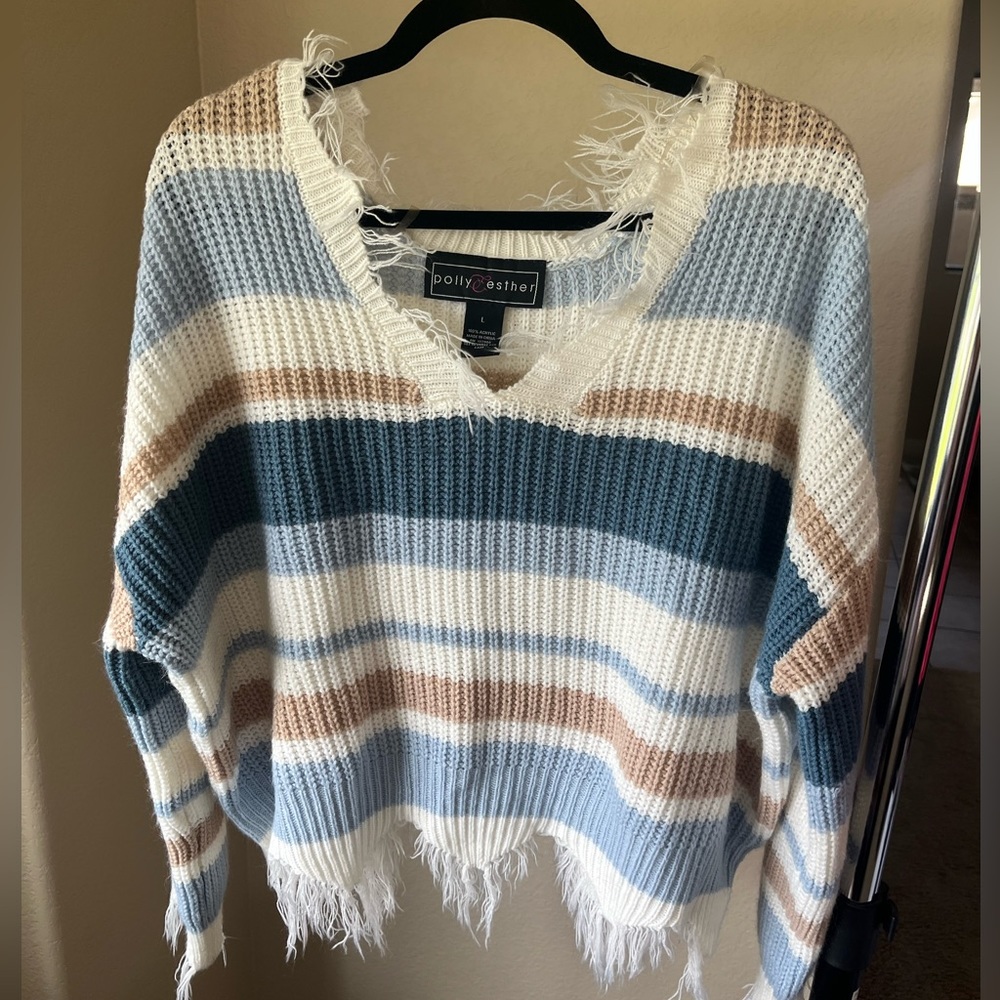 Women’s L multi color striped sweater with fringe
